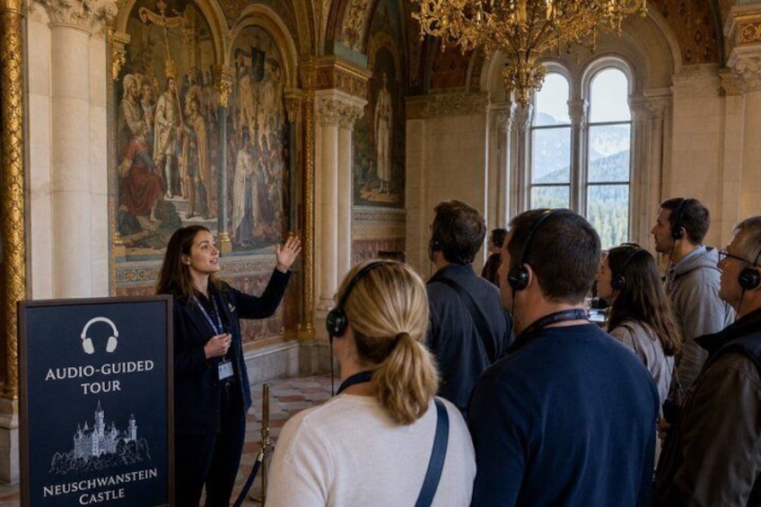An audio-guided tour at Neuschwanstein Castle with attendees listening to a guide. 2