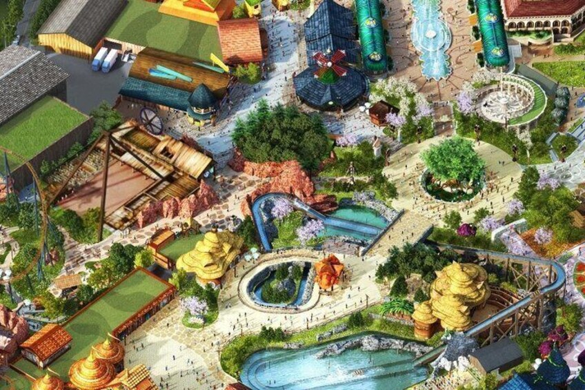 A theme park with roller coasters, water rides, and various attractions. 3