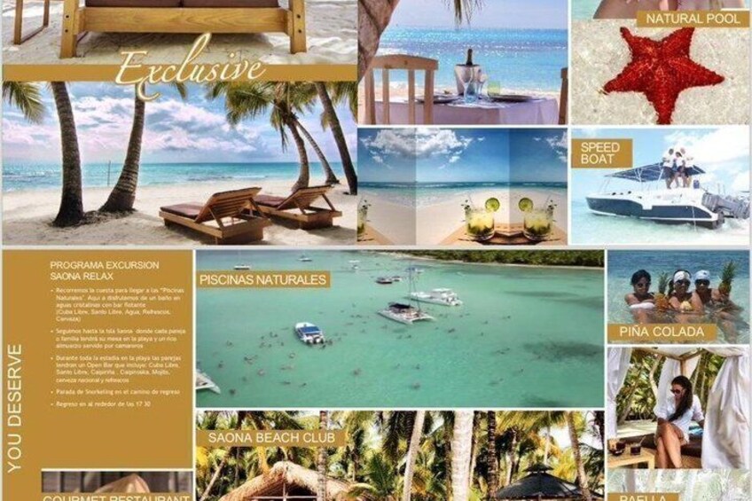 A beach with palm trees, a natural pool, a speed boat, and a beach club. 5
