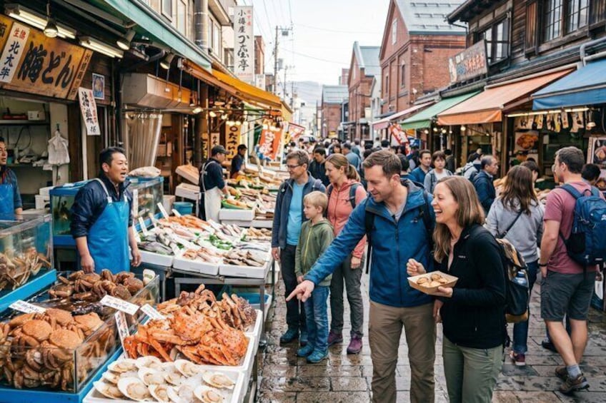 A busy outdoor market with people shopping and vendors selling seafood. 1