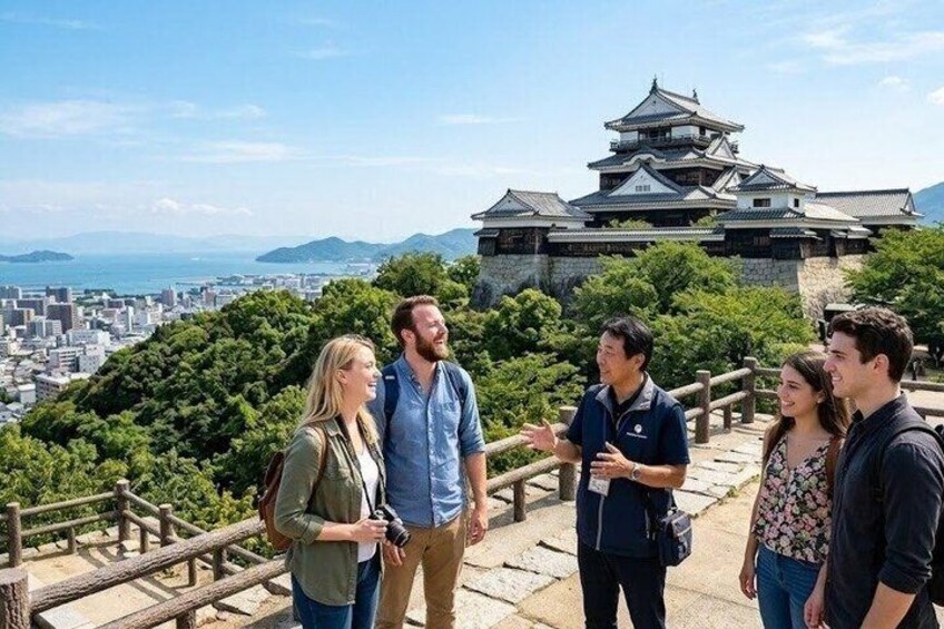 A group of people standing on a stone pathway with a castle in the background. 1