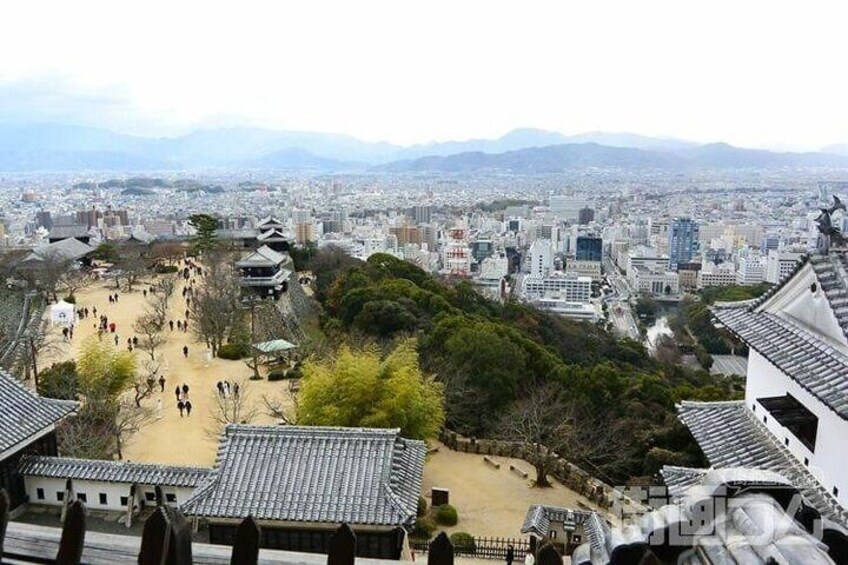 A traditional Japanese temple complex with a view of the cityscape in the background. 5