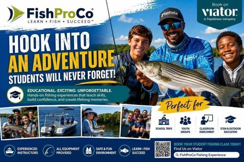 A promotional poster for FishProCo fishing experiences, highlighting hands-on learning, experienced instructors, and a variety of suitable activities for different groups. 2