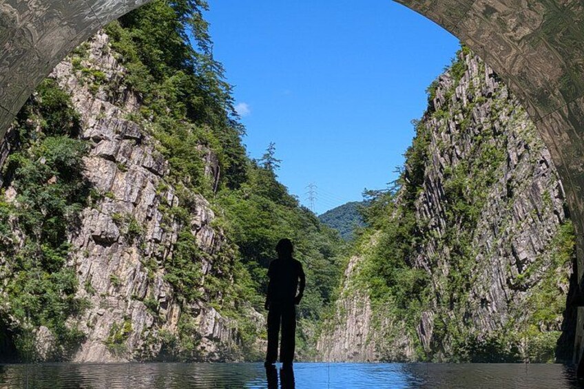 A person standing in a canyon with rocky cliffs and greenery. 2