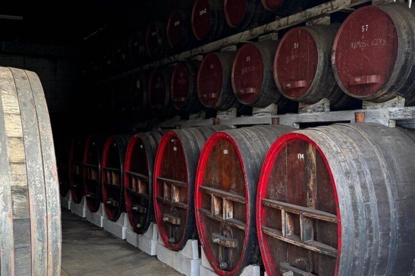 A row of large wooden barrels with red interiors, stacked on shelves in a dimly lit warehouse. 4