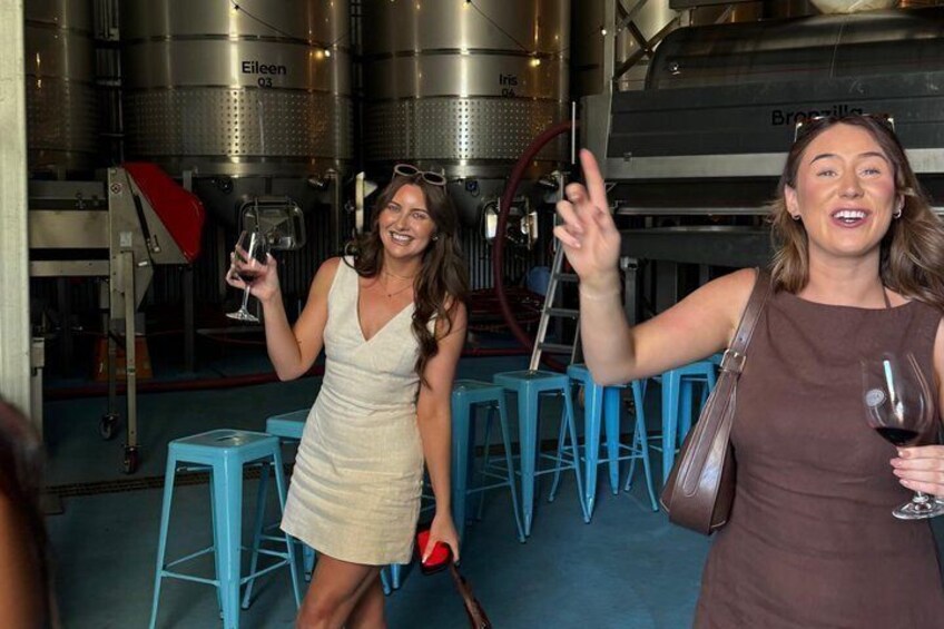 Two people holding wine glasses in a winery setting with stainless steel tanks and blue stools. 2
