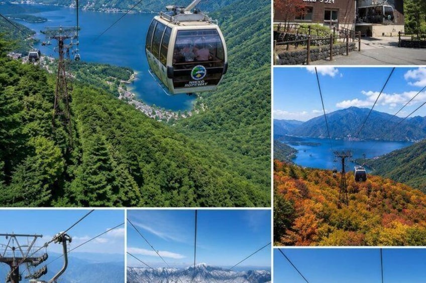 A cable car, a mountain landscape, a lake, and autumn foliage. 2