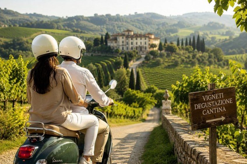 A couple on a scooter, vineyard rows, and a sign indicating a wine tasting route. 1