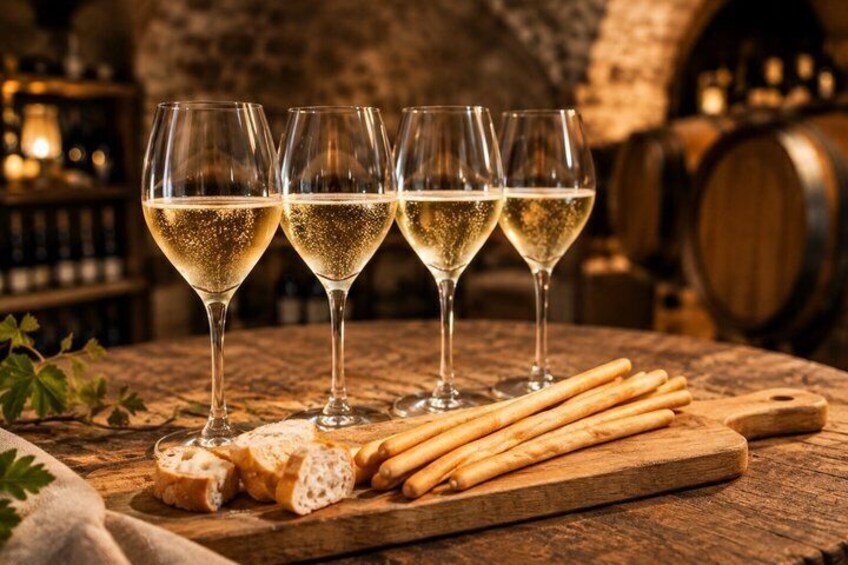 Four glasses of white wine on a wooden table with breadsticks and cheese. 2