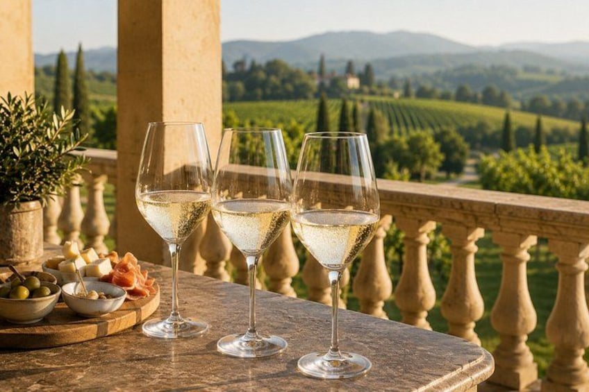 Two wine glasses on a balcony with a vineyard view. 4
