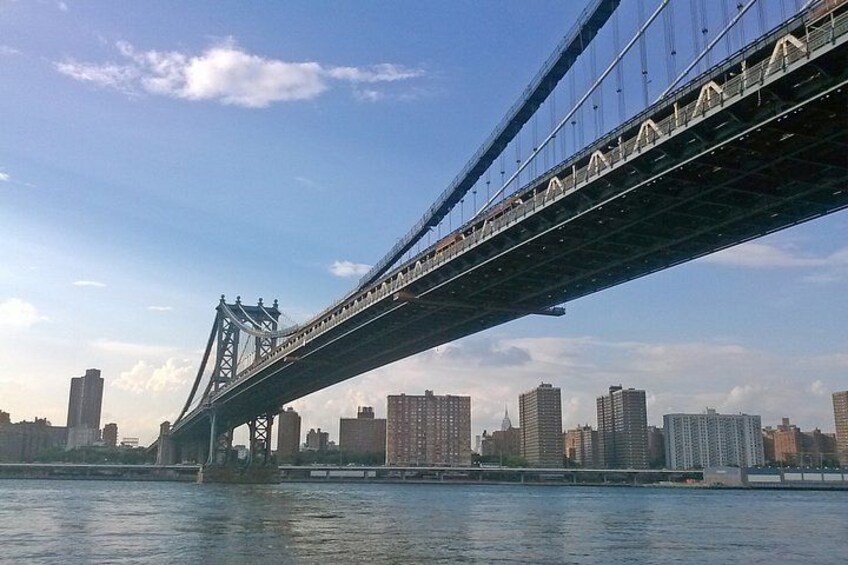 A bridge spanning a river with a city skyline in the background. 4