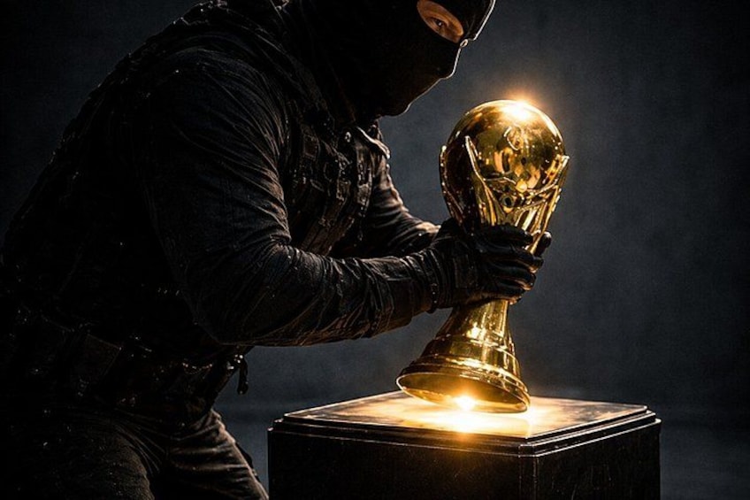 A person in dark clothing holding a golden trophy. 1
