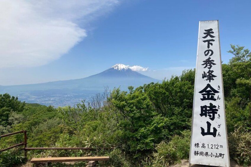 A sign with Japanese text, a wooden bridge, and a view of a mountain with a snow-capped peak. 2