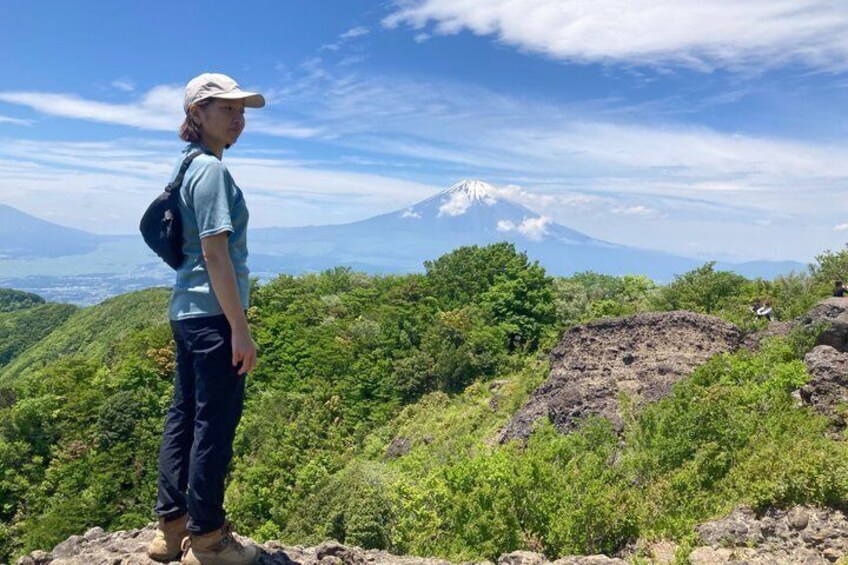 A person standing on a rocky outcrop overlooking a mountainous landscape with a prominent peak in the distance. 1
