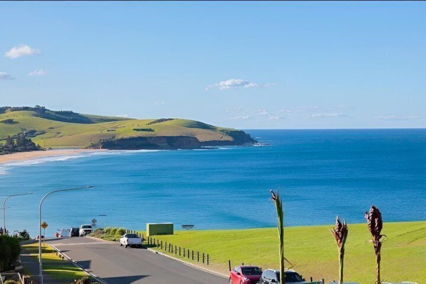 A coastal road with vehicles, a grassy area, and a view of the ocean and hills. 1