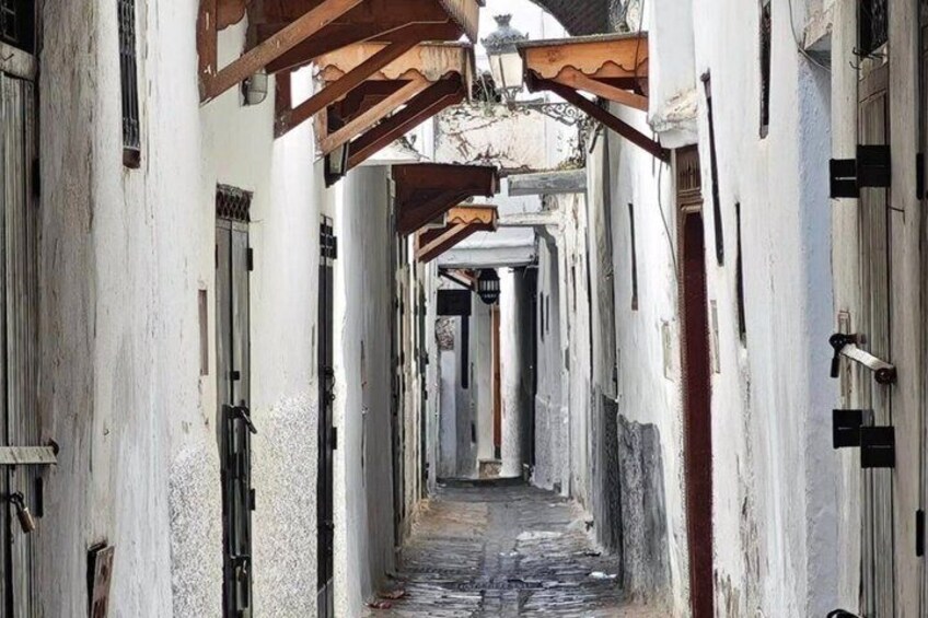 A narrow alleyway with white walls and wooden beams, leading to a building with a dark door. 5