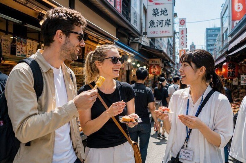 People walking on a street with shops and signs in a foreign language. 4