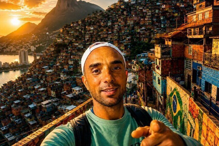 A person pointing towards a densely packed urban area with colorful buildings and a river in the background. 1