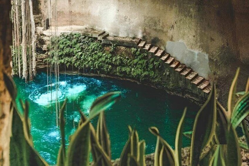 A natural pool with clear water, surrounded by greenery and stone steps. 4