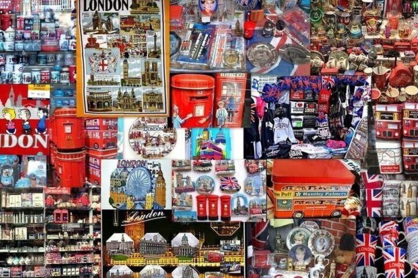 A variety of London-themed souvenirs including a red double-decker bus, London Eye, and various memorabilia. 2