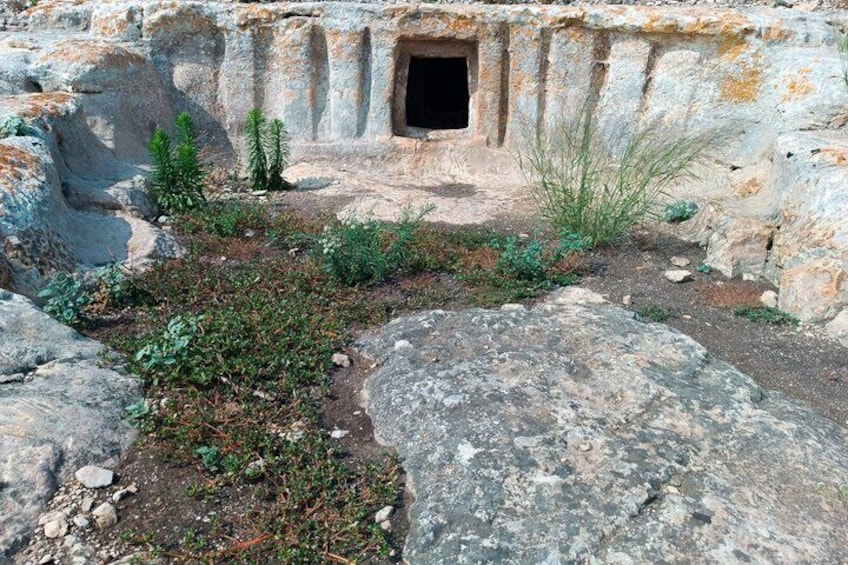 An ancient ruin with a central doorway, surrounded by vegetation and rocky terrain. 5
