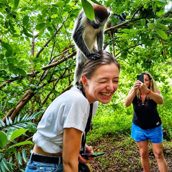 A person with a monkey on their head, surrounded by lush green foliage. 5
