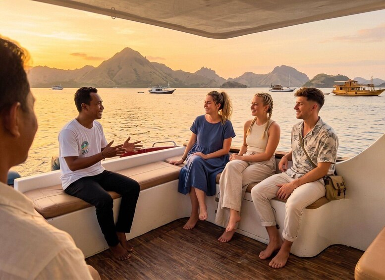 A group of people on a boat with a mountainous landscape in the background. 3