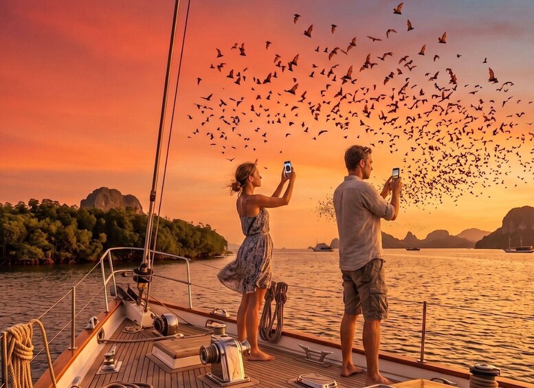Two people on a boat taking photos of birds flying in the sky. 1