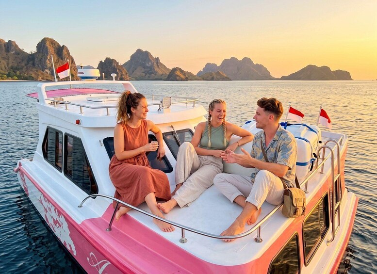 A boat with passengers on a calm sea, surrounded by rocky islands. 4