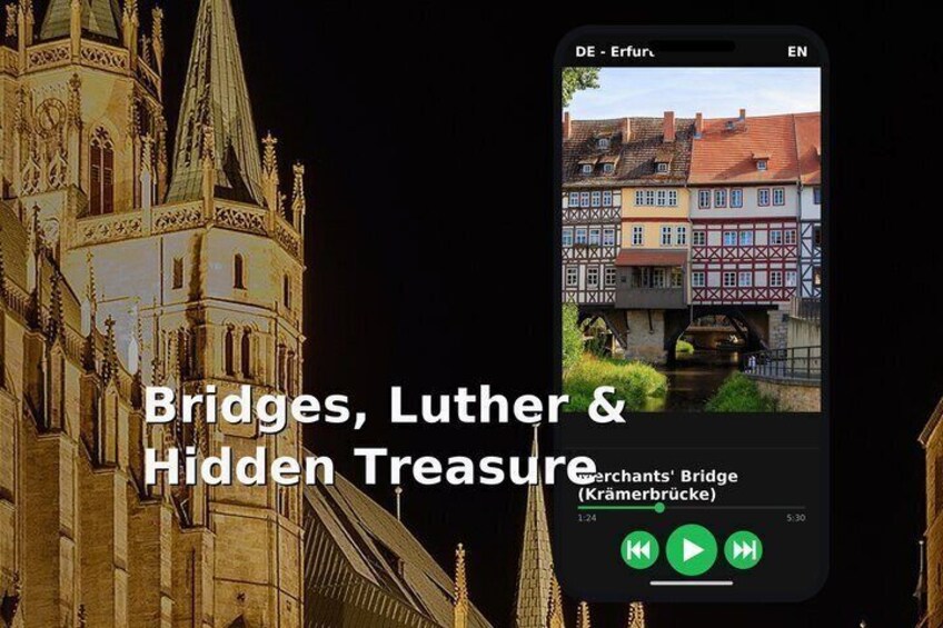 A smartphone displaying a video titled 'Bridges, Luther & Hidden Treasure' with a view of a historic building and a river. 1