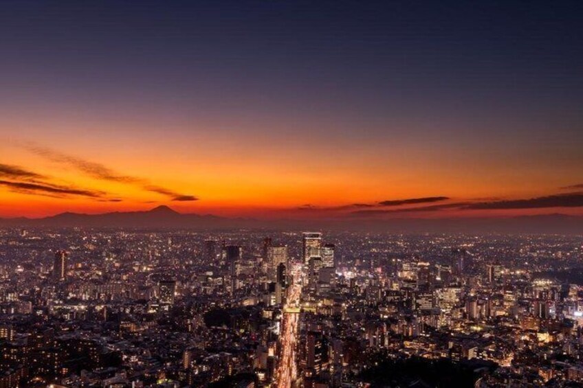 A cityscape at dusk with a mountain in the background. 2