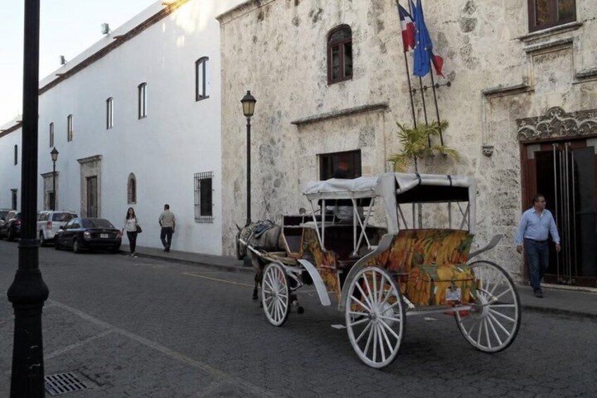 A cobblestone street, a horse-drawn carriage, and a white building with a flag. 4