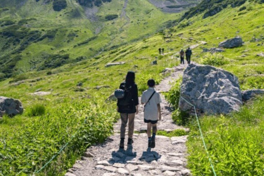 A hiking trail with hikers, rocky terrain, and green vegetation. 2