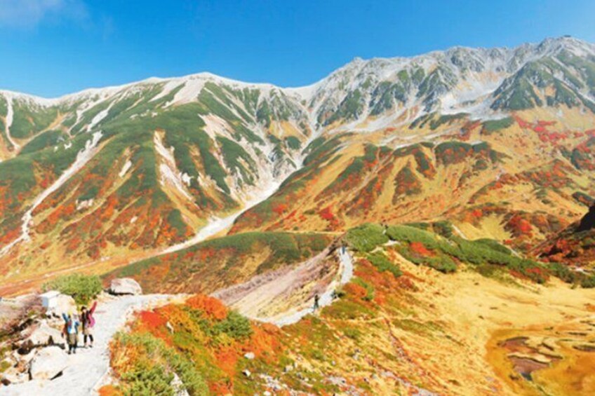 A mountainous landscape with a clear sky, a winding path, and a group of people hiking. 1