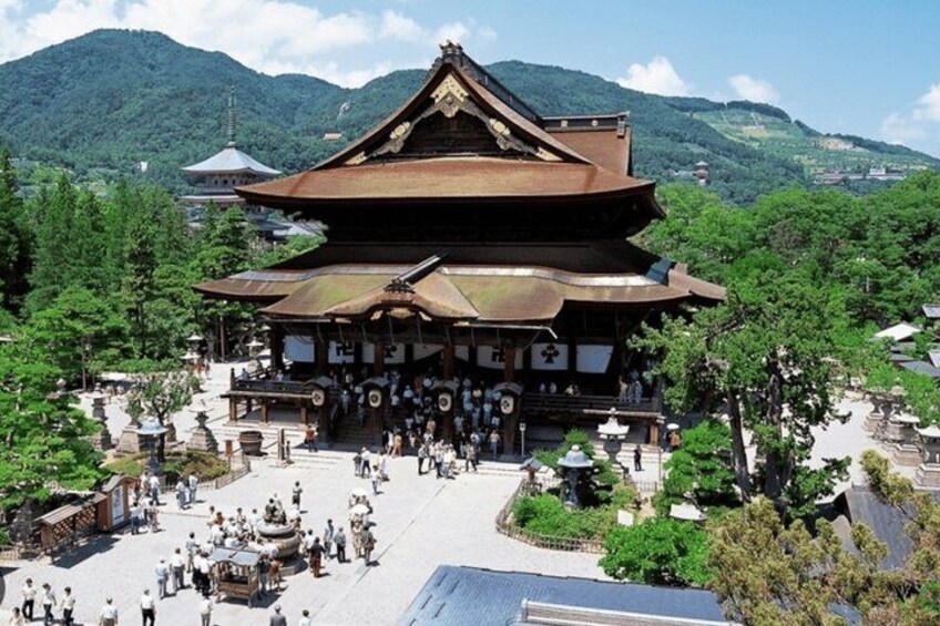 A traditional Japanese temple with a large pagoda, surrounded by lush greenery and a crowd of visitors. 5