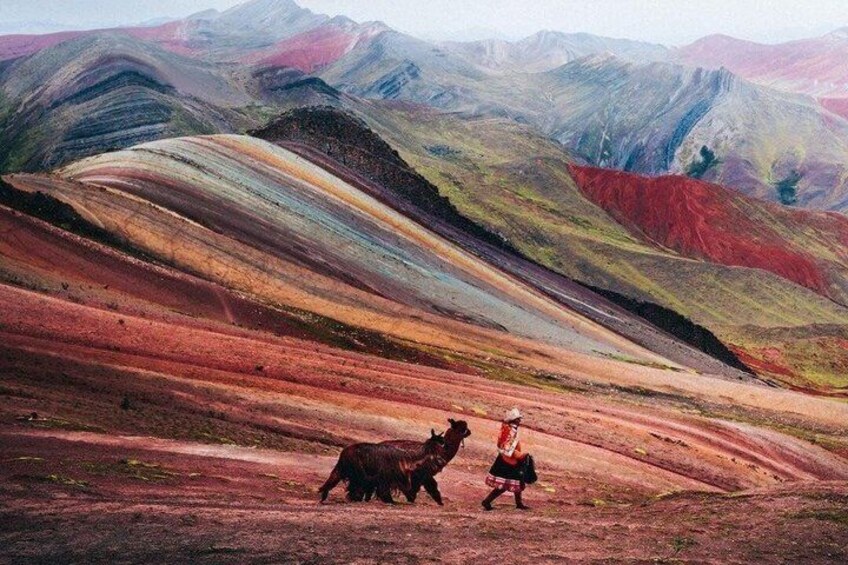 A colorful landscape with rolling hills and a person walking with a dog. 5
