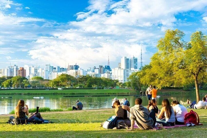 People sitting on grass near a lake with a city skyline in the background. 5