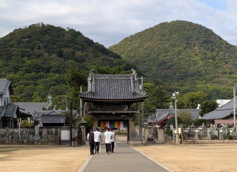 A traditional Japanese temple with a stone pathway leading to it, surrounded by lush green mountains. 3