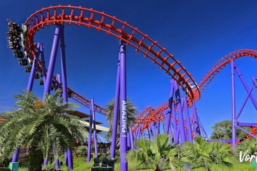 A roller coaster with purple tracks and red cars, surrounded by palm trees. 1