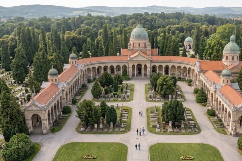 A grand historical building with domed structures, surrounded by well-manicured gardens and a symmetrical layout. 2