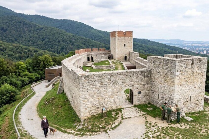 A stone castle with a tower, surrounded by greenery and hills. 4