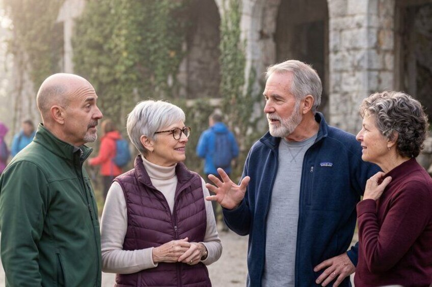 Four people conversing outdoors near stone structures. 1
