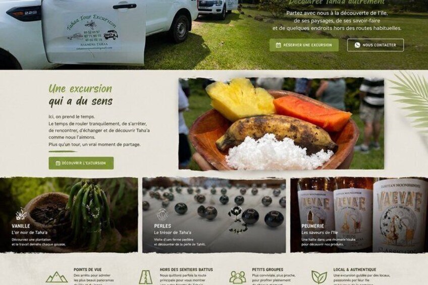 A travel brochure with a white vehicle, a bowl of tropical fruits, and local products. 1