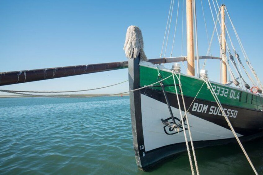 A green and white boat with ropes tied to its side, anchored in calm waters. 2