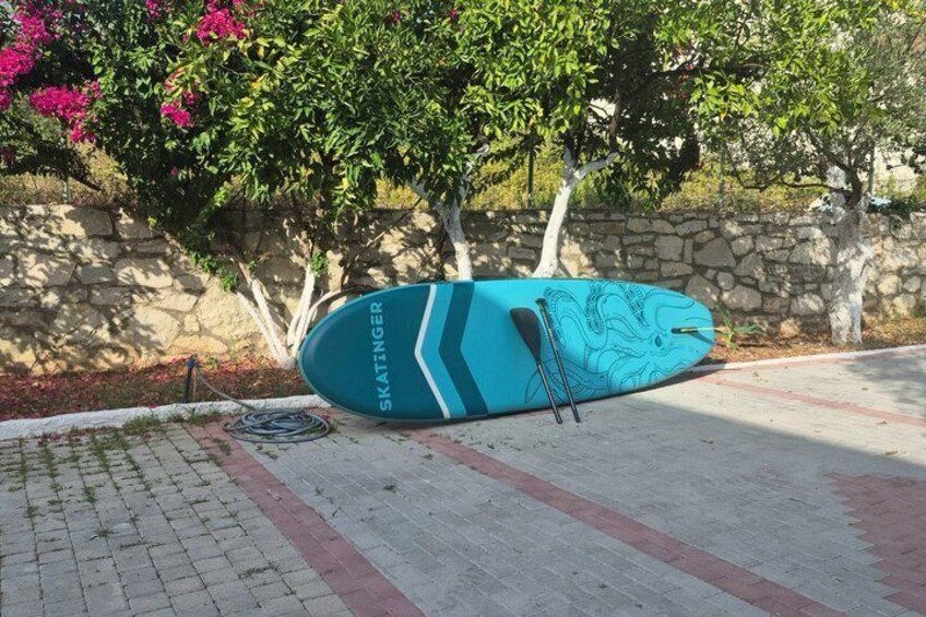 A teal paddleboard with a dragon design, leaning against a stone wall, with a rope coiled on the ground nearby. 3