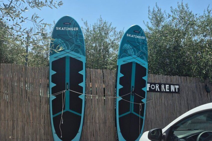 Two blue skateboards with 'SKATINGER' written on them, tied to a wooden fence with a 'FOR RENT' sign in the background. 1