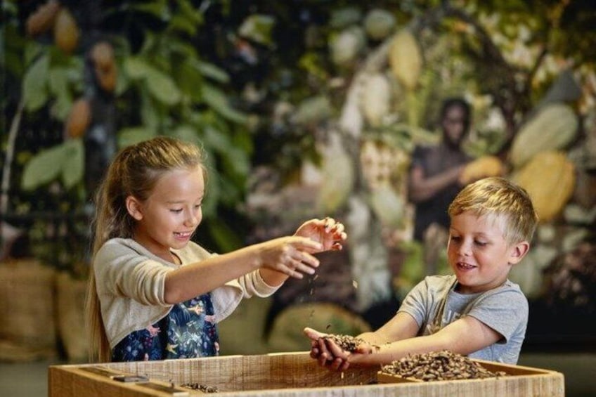 Two children playing with seeds at a wooden table in an indoor setting with a backdrop of green foliage. 1