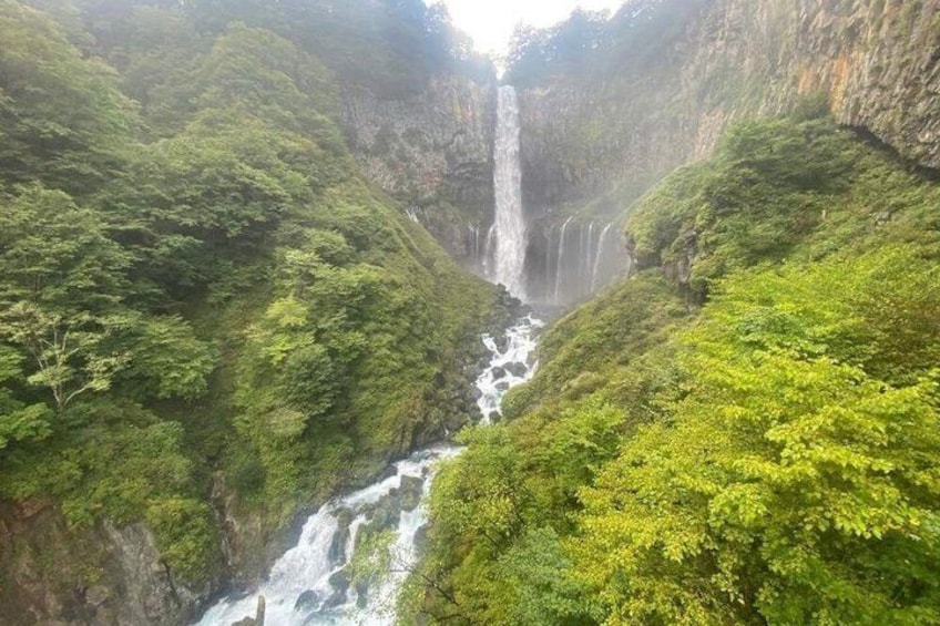 A waterfall cascading down a lush green valley surrounded by dense forest. 3