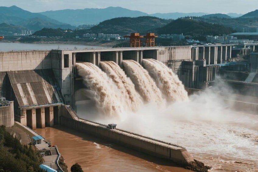 A large dam with multiple spillways releasing water. 3