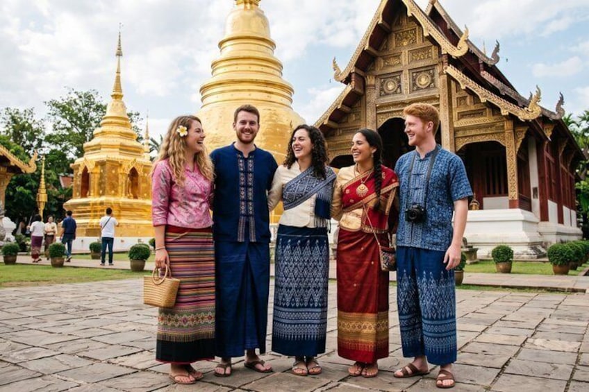 A group of people standing in front of a temple with golden spires and intricate architecture. 3